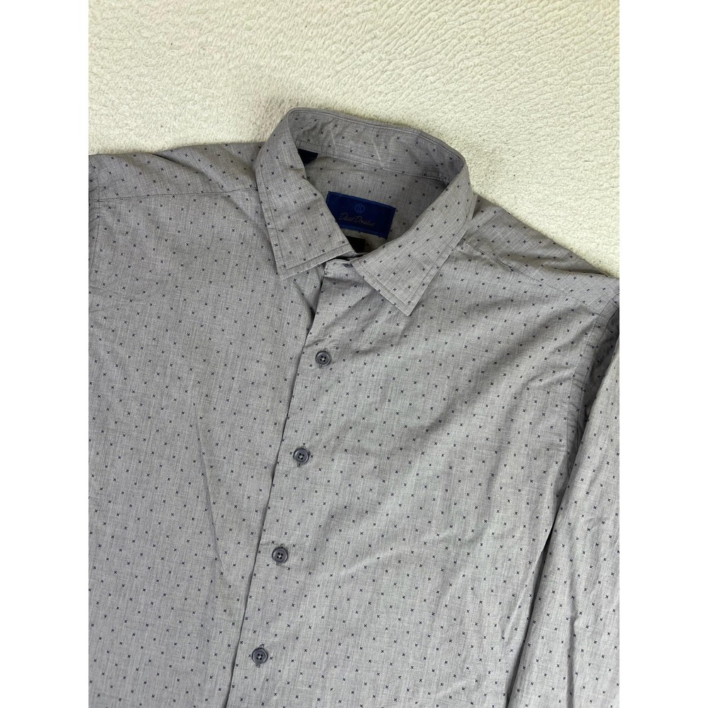 David Donahue Fusion Dress Shirt Mens 17 Gray Geometric Regular Fit Cotton LS